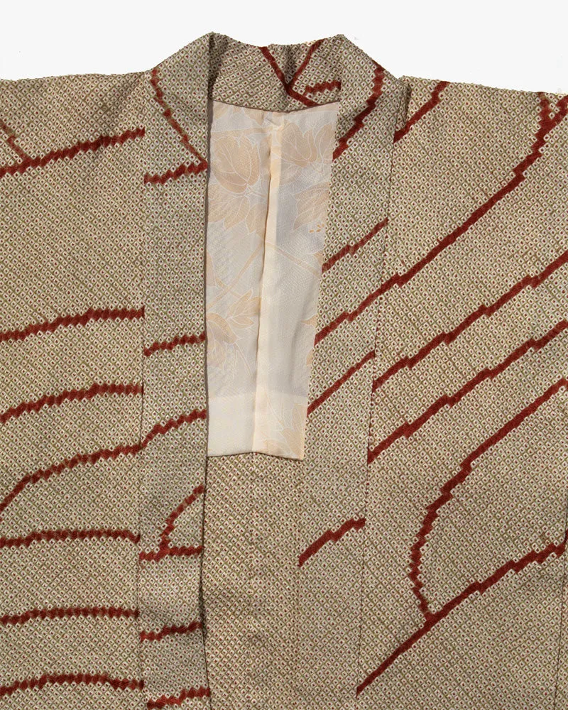 Vintage Haori Jacket, Full Shibori, Cream/ Olive Green with Red Abstract lines