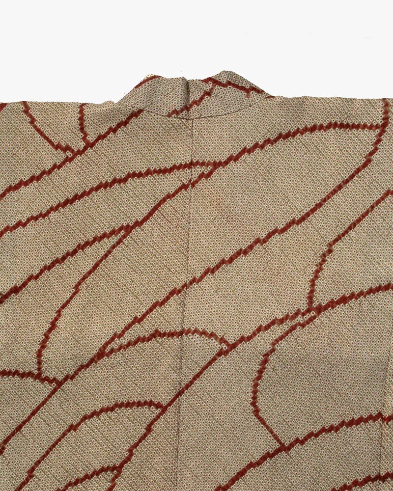 Vintage Haori Jacket, Full Shibori, Cream/ Olive Green with Red Abstract lines