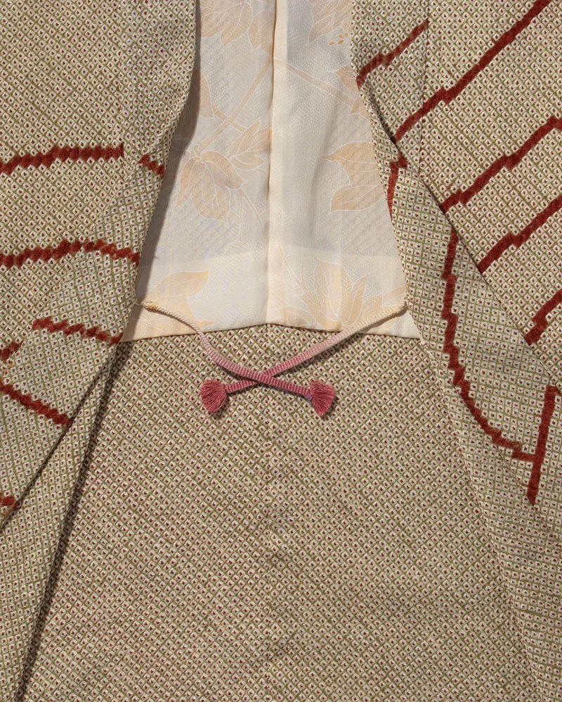 Vintage Haori Jacket, Full Shibori, Cream/ Olive Green with Red Abstract lines