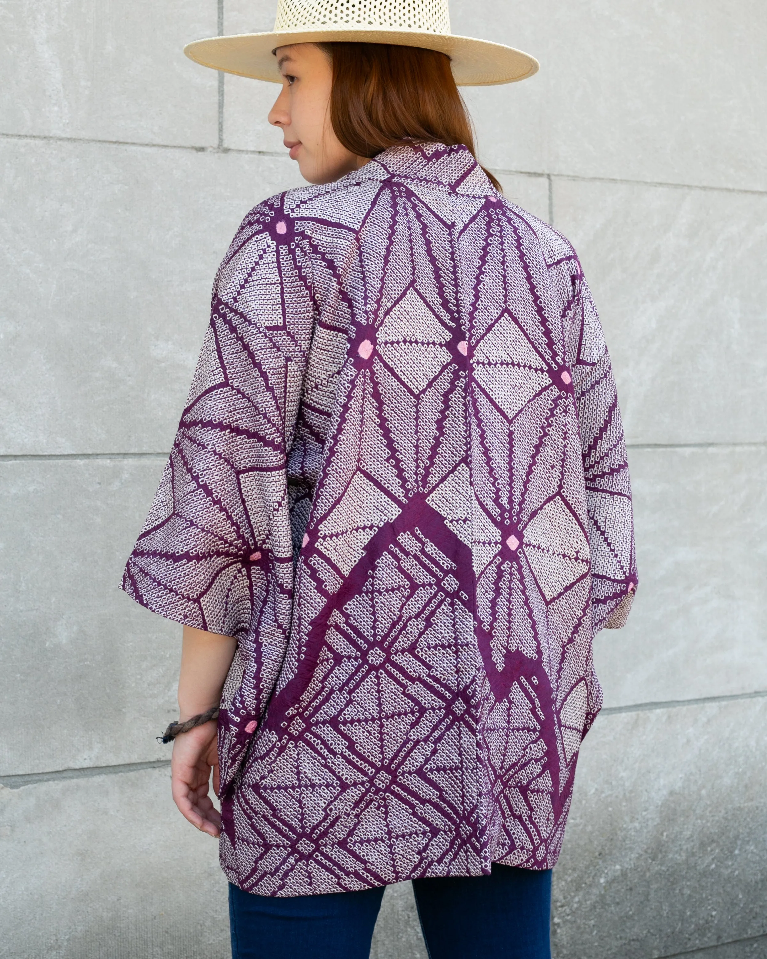 Vintage Haori Jacket, Full Shibori, Purple with White Geometric Shapes and Pink Spots