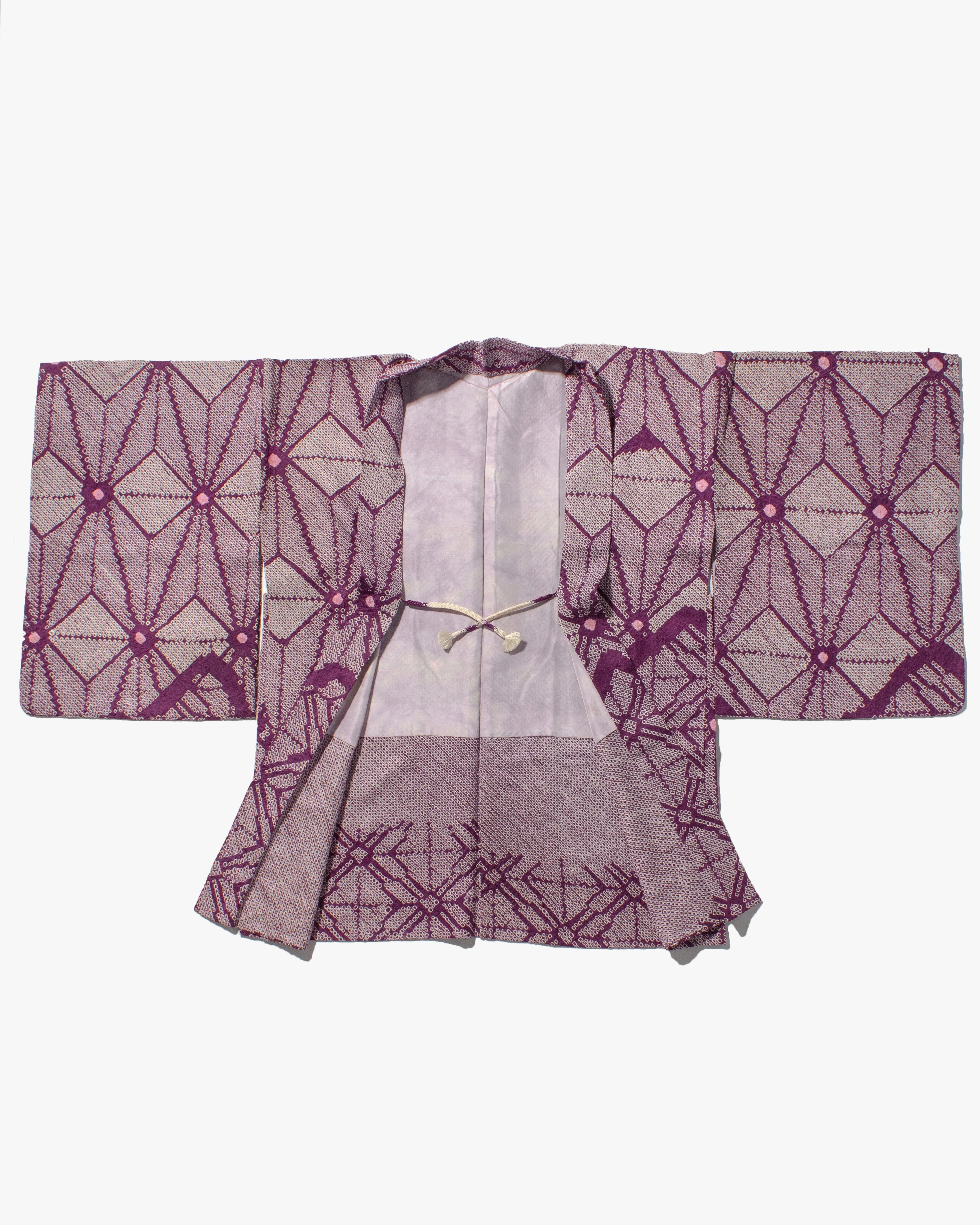 Vintage Haori Jacket, Full Shibori, Purple with White Geometric Shapes and Pink Spots