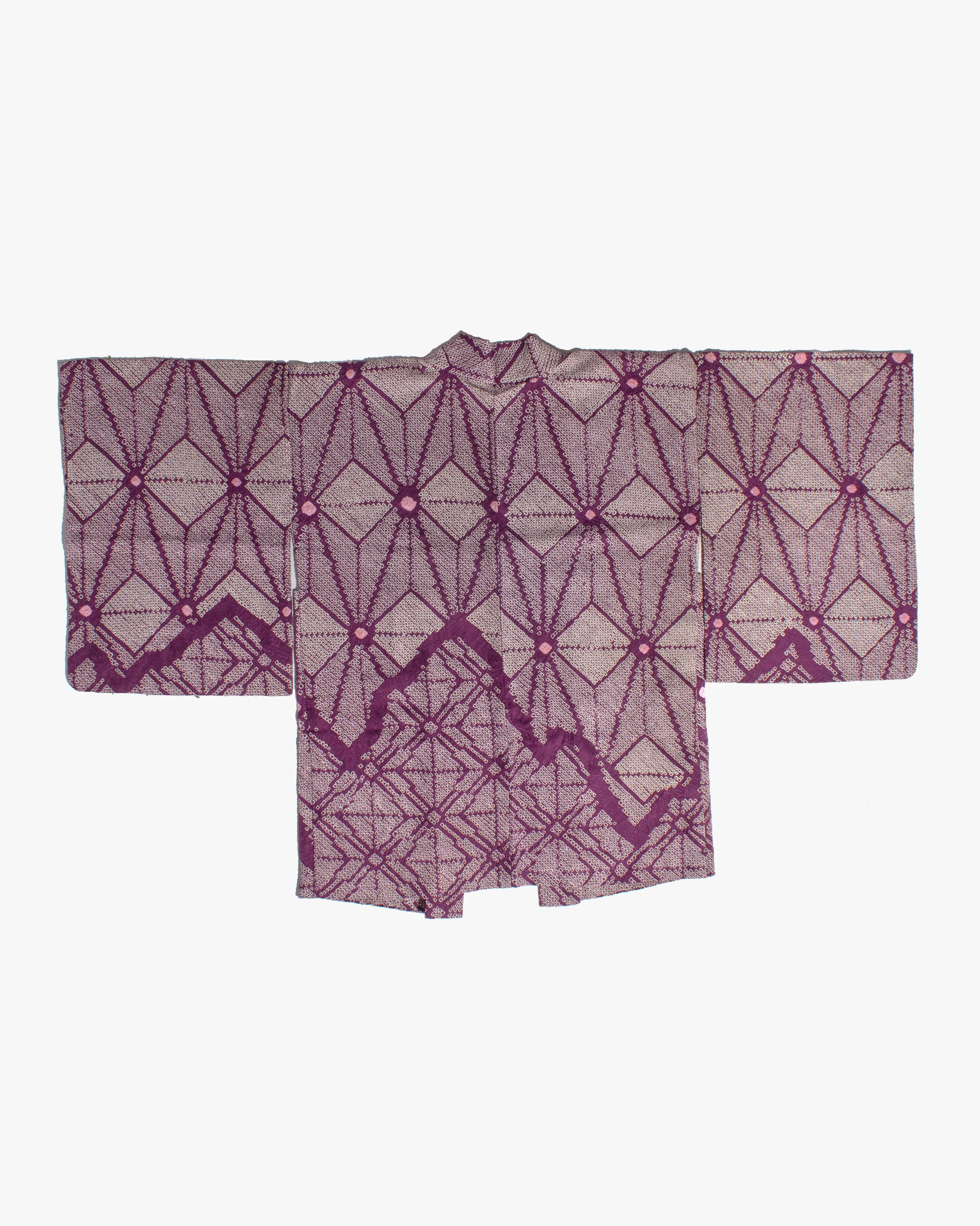 Vintage Haori Jacket, Full Shibori, Purple with White Geometric Shapes and Pink Spots