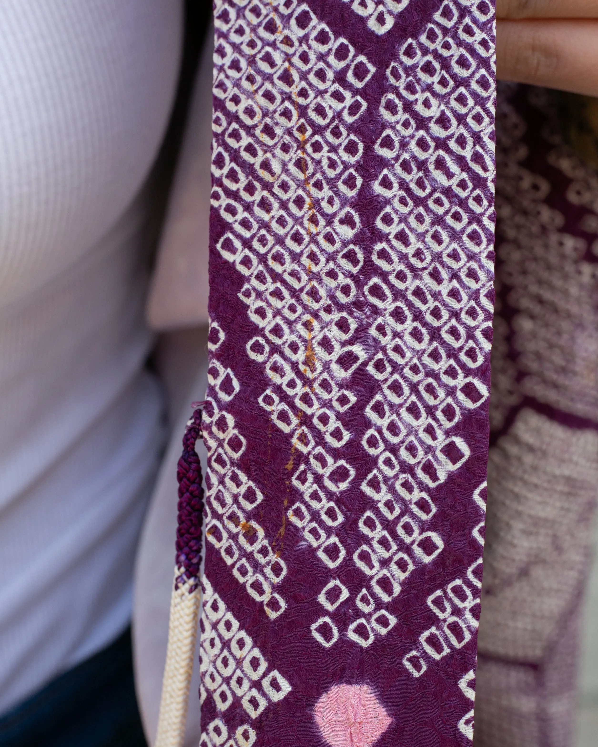 Vintage Haori Jacket, Full Shibori, Purple with White Geometric Shapes and Pink Spots