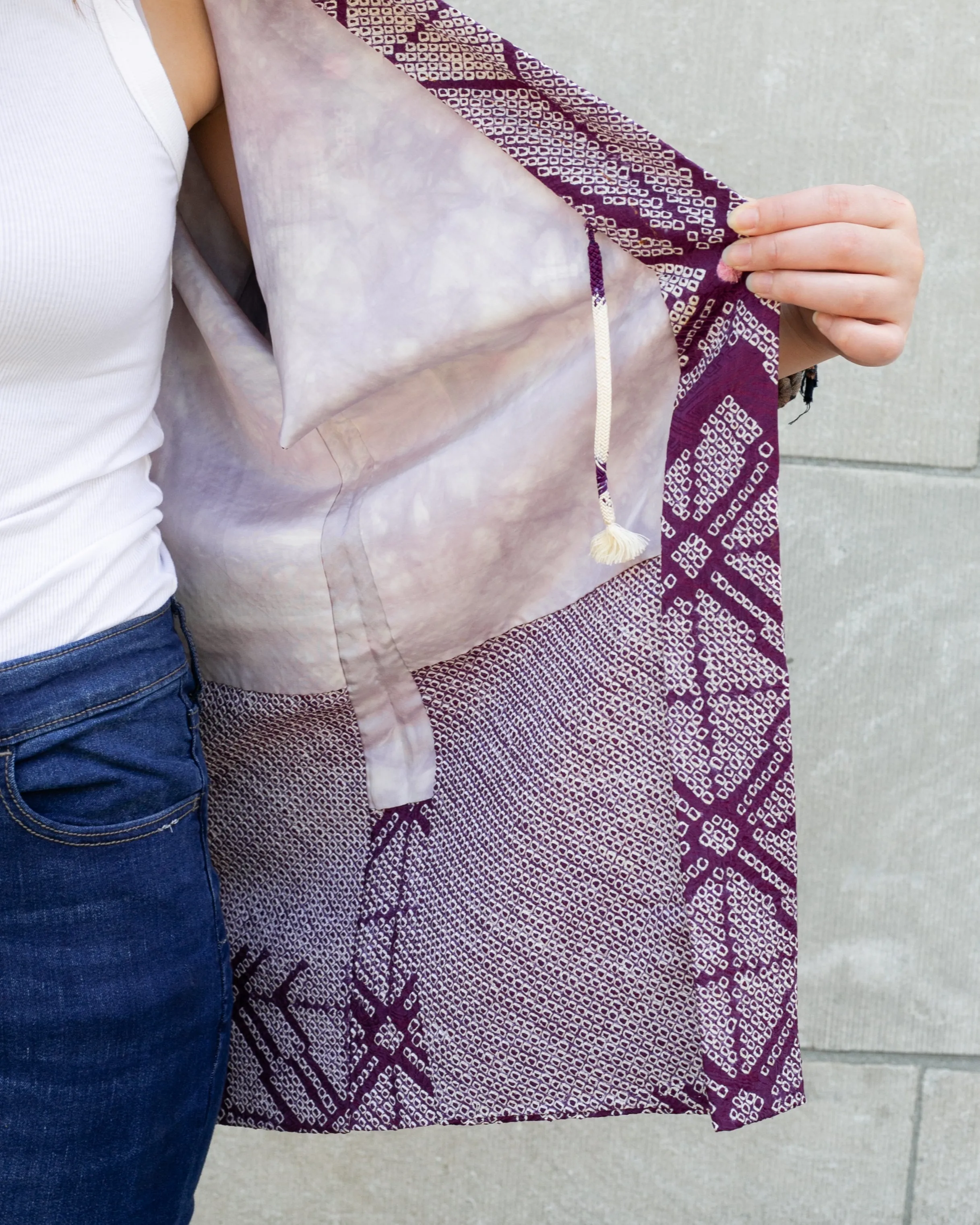 Vintage Haori Jacket, Full Shibori, Purple with White Geometric Shapes and Pink Spots