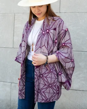 Vintage Haori Jacket, Full Shibori, Purple with White Geometric Shapes and Pink Spots