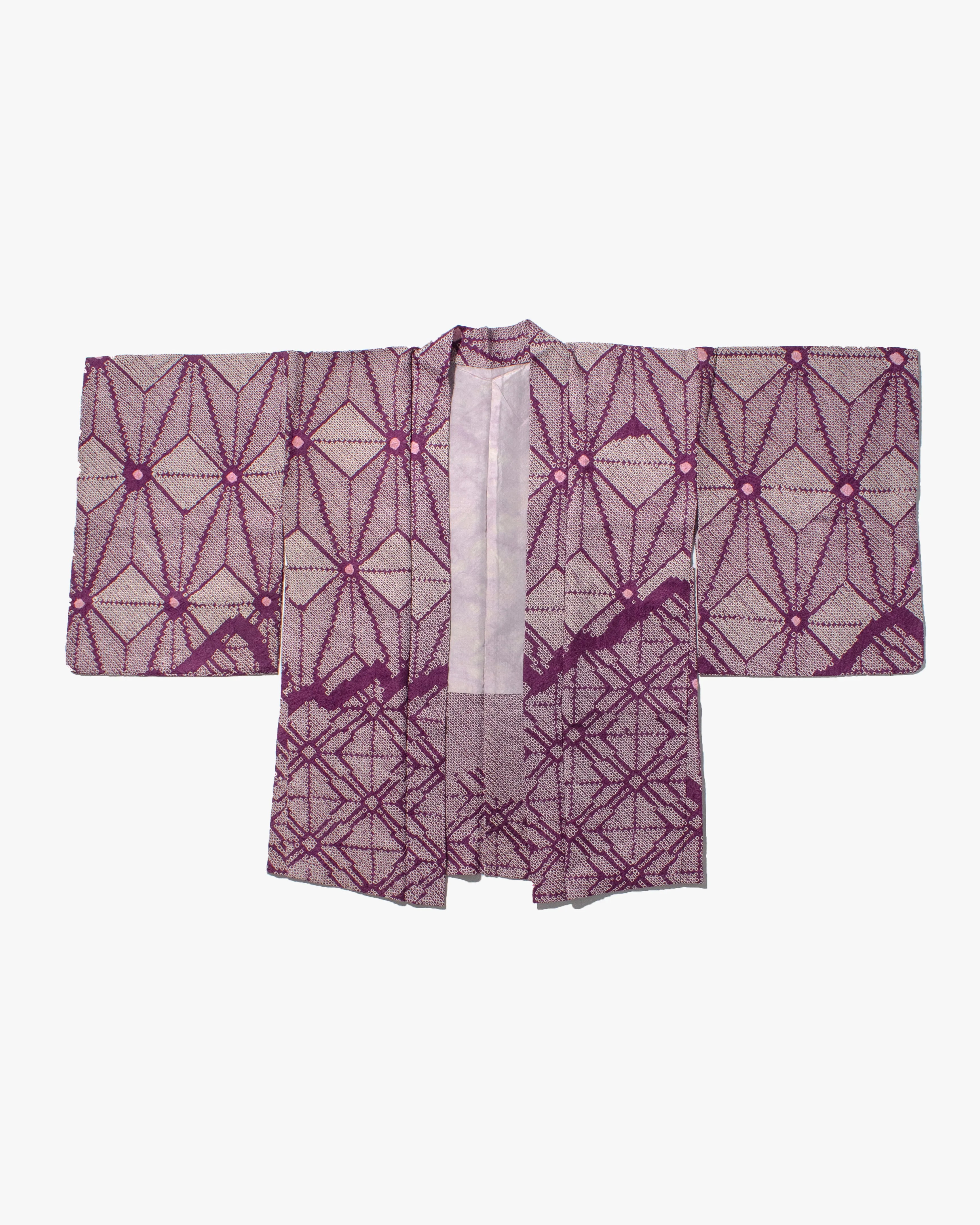 Vintage Haori Jacket, Full Shibori, Purple with White Geometric Shapes and Pink Spots