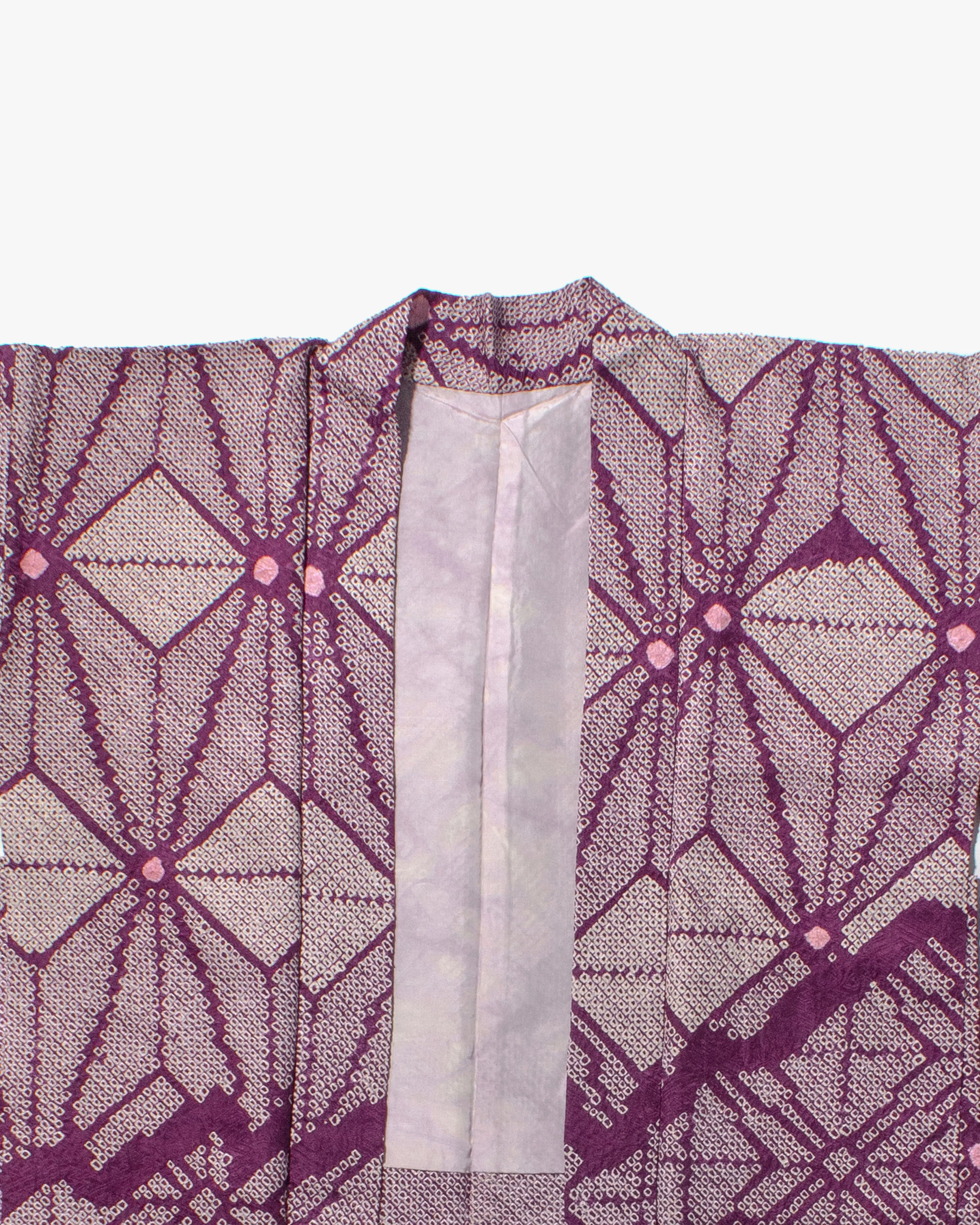 Vintage Haori Jacket, Full Shibori, Purple with White Geometric Shapes and Pink Spots