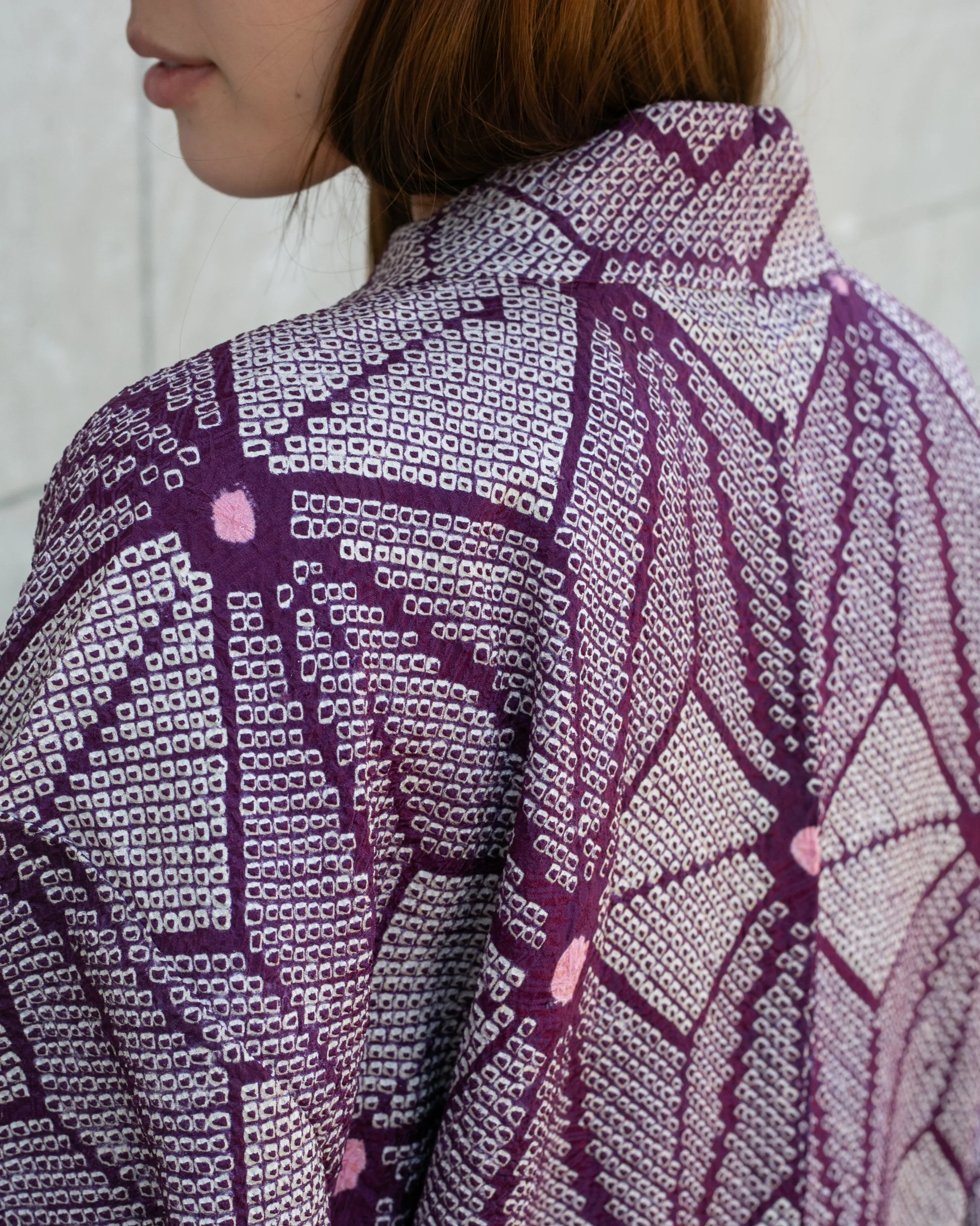 Vintage Haori Jacket, Full Shibori, Purple with White Geometric Shapes and Pink Spots