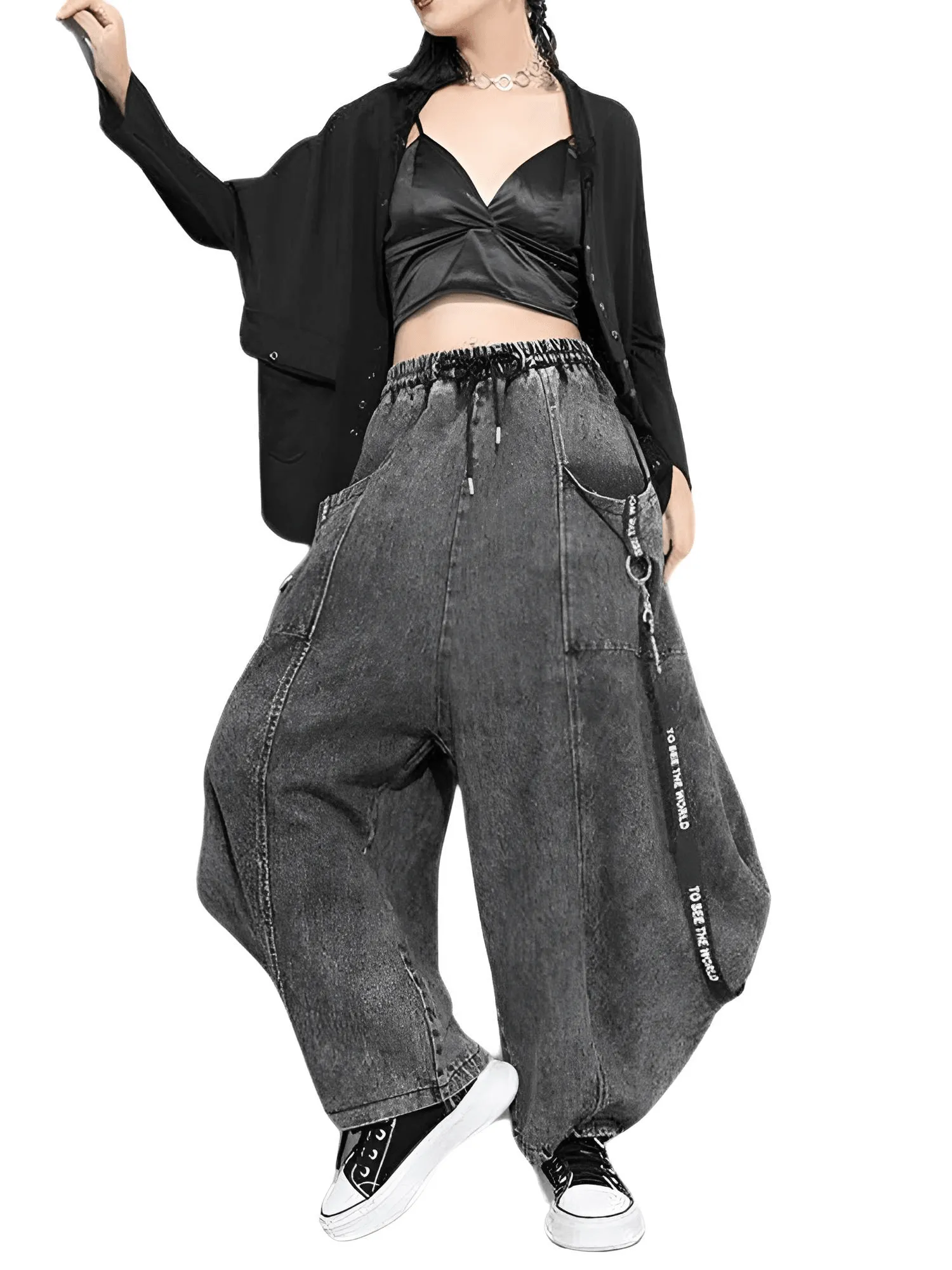 Wide Leg Black Jeans  Big Size Ribbon Stitch New High Waist Loose Women Trousers Fashion Spring Autumn