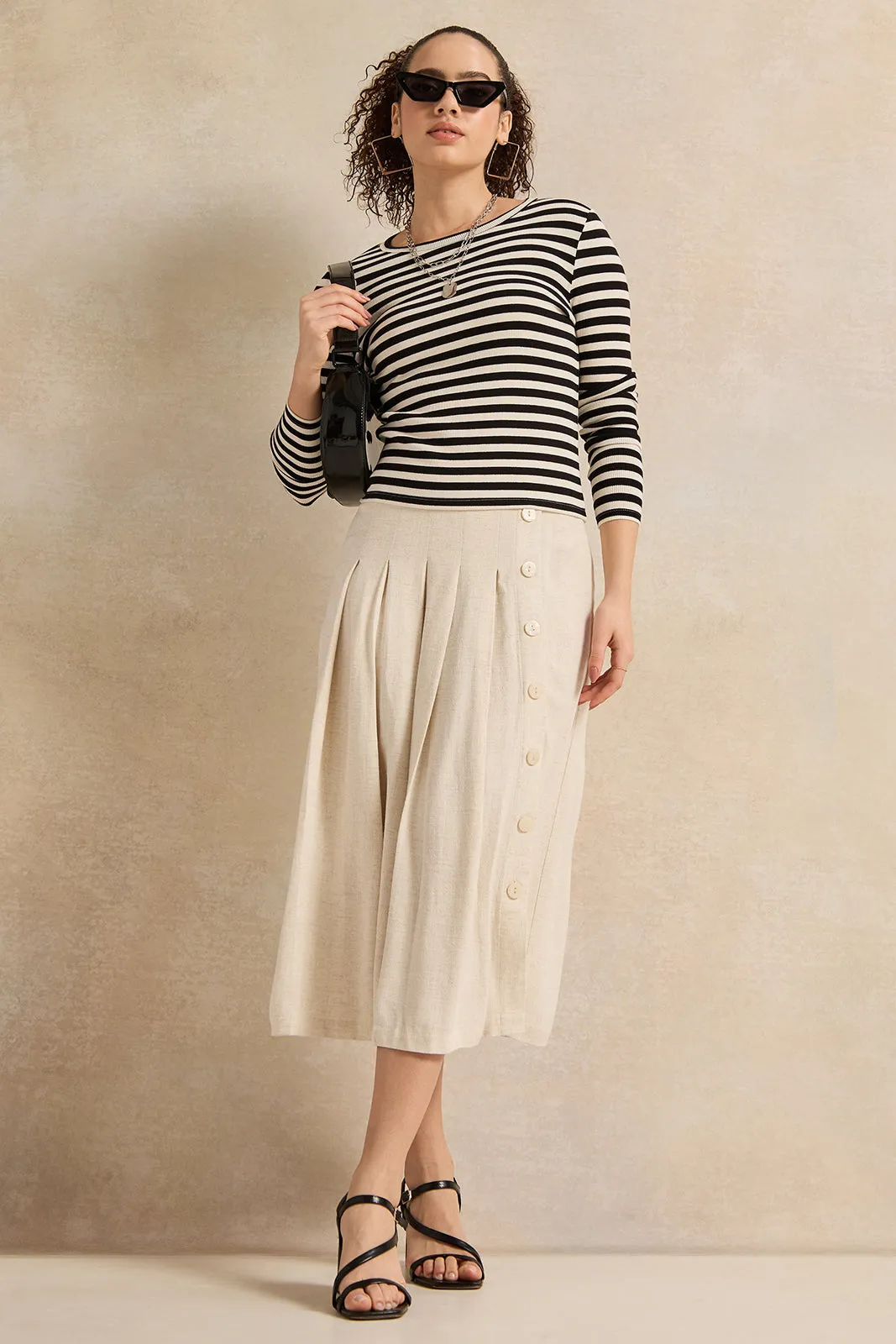 Women Beige Pleated Linen Skirt