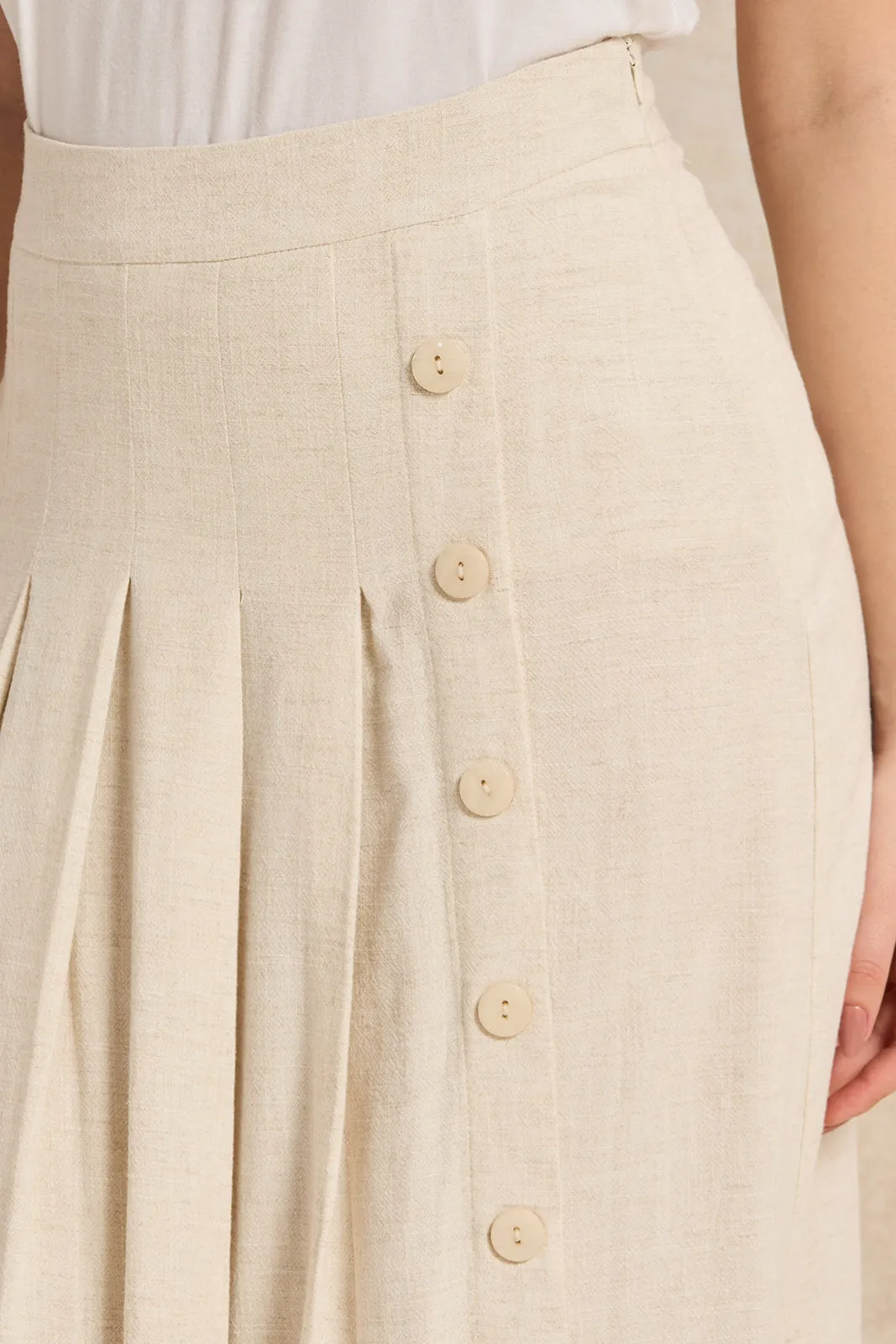 Women Beige Pleated Linen Skirt