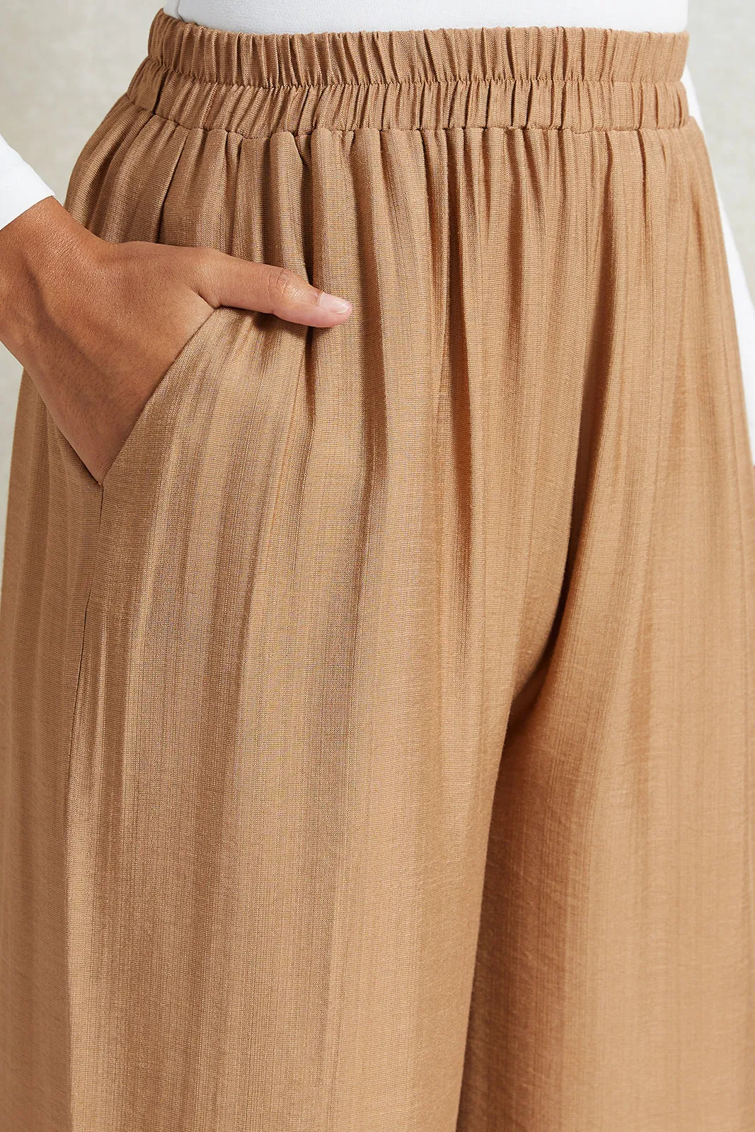 Women Beige Wide Leg Elasticated Waist Trousers