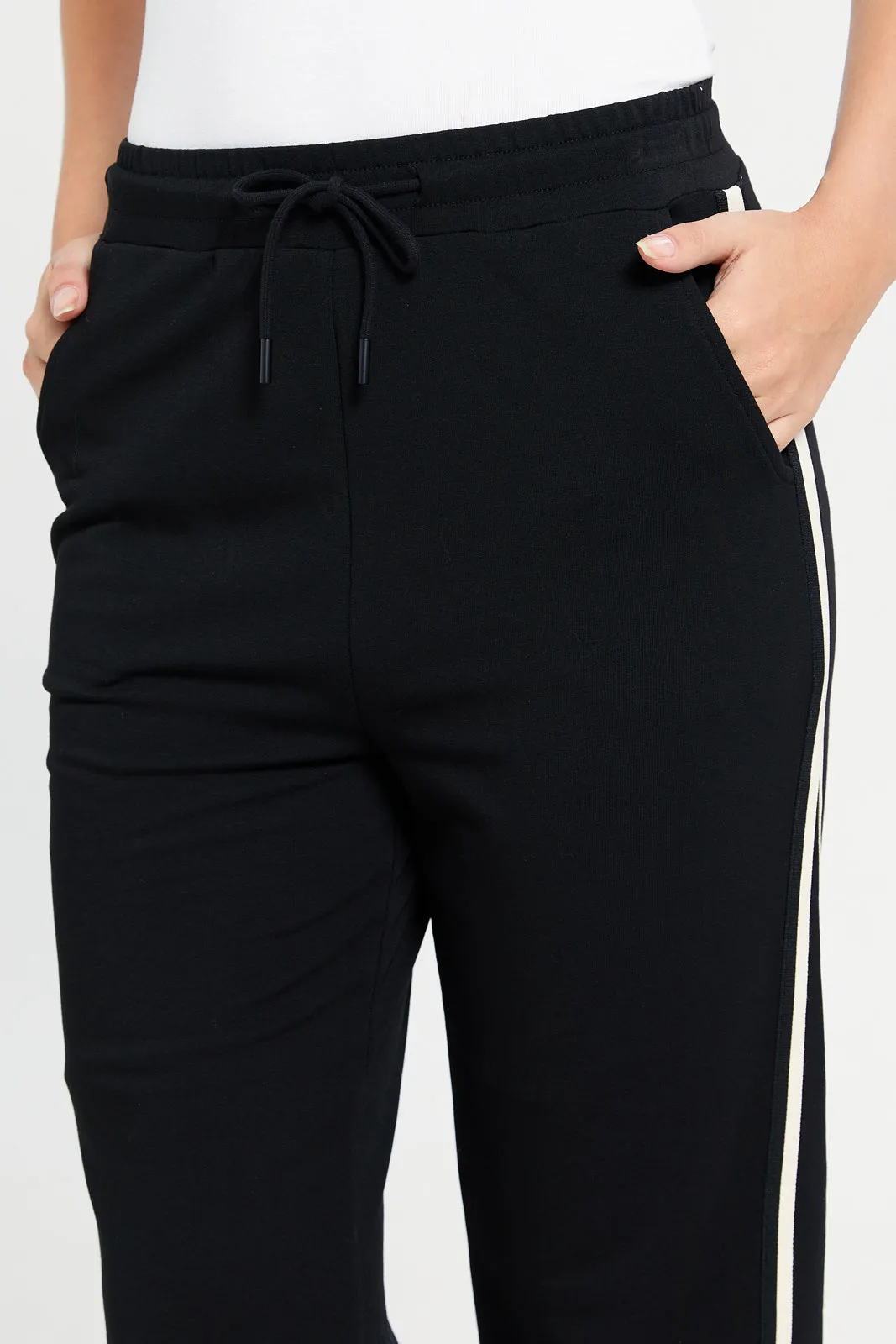 Women Black Active Pant With Ivory Tape Detailing