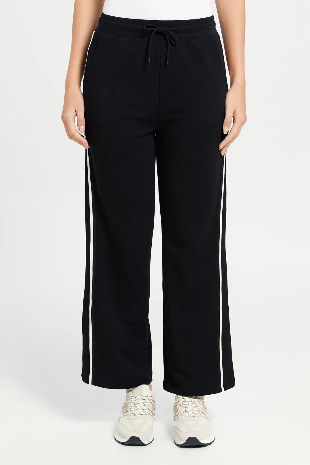 Women Black Active Pant With Ivory Tape Detailing