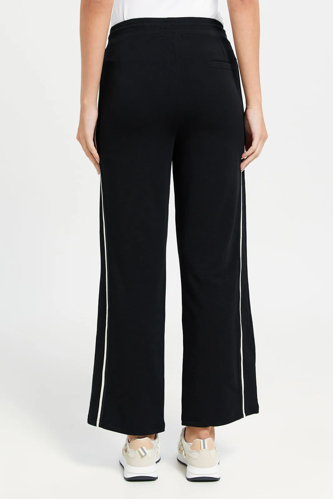 Women Black Active Pant With Ivory Tape Detailing