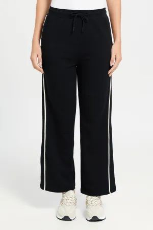 Women Black Active Pant With Ivory Tape Detailing