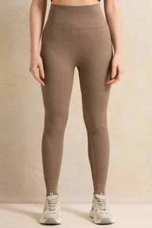 Women Brown Ribbed Seamless Leggings