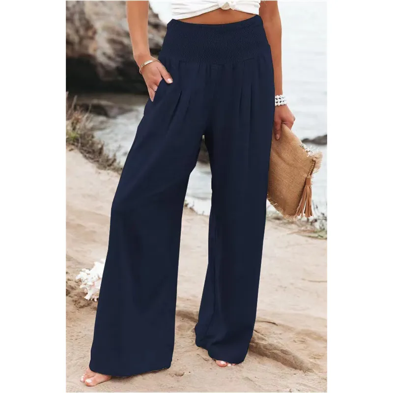 Women Casual Cotton Linen Long Pants with Pocket Wide Leg Loose Trousers