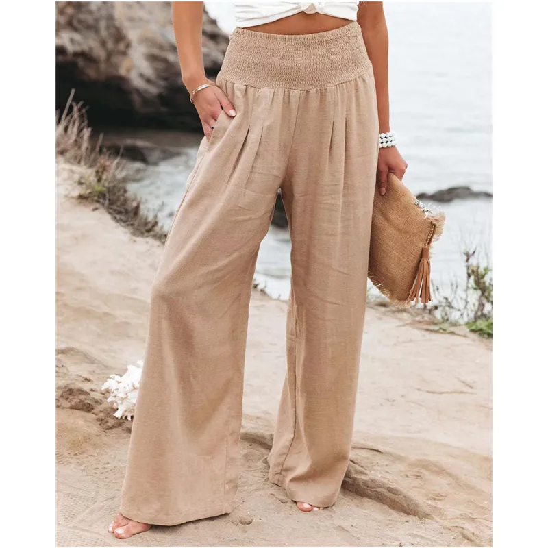 Women Casual Cotton Linen Long Pants with Pocket Wide Leg Loose Trousers