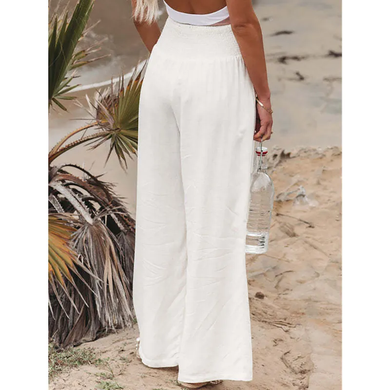 Women Casual Cotton Linen Long Pants with Pocket Wide Leg Loose Trousers