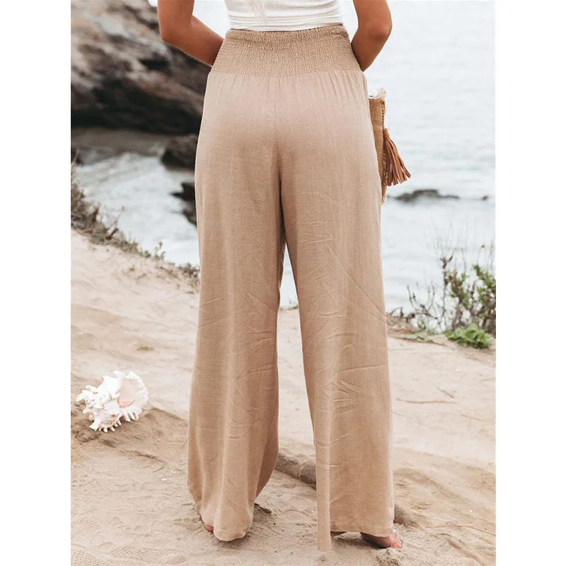 Women Casual Cotton Linen Long Pants with Pocket Wide Leg Loose Trousers