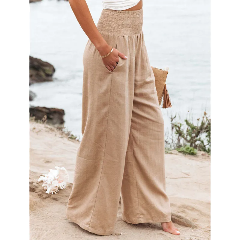 Women Casual Cotton Linen Long Pants with Pocket Wide Leg Loose Trousers