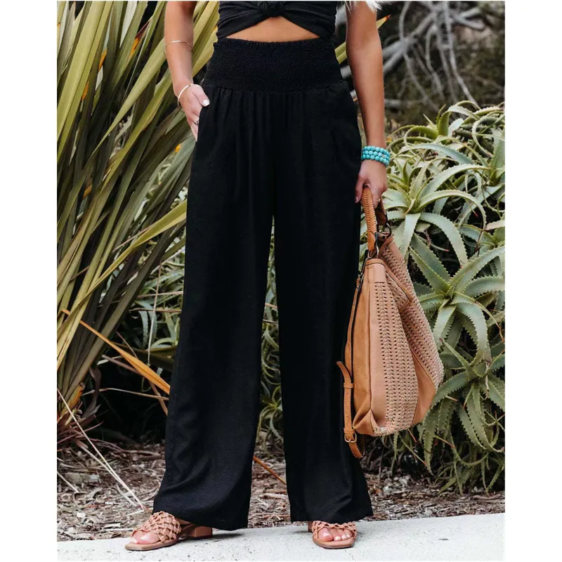 Women Casual Cotton Linen Long Pants with Pocket Wide Leg Loose Trousers