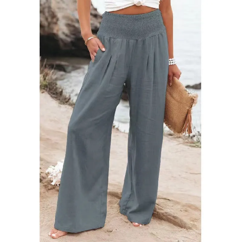 Women Casual Cotton Linen Long Pants with Pocket Wide Leg Loose Trousers