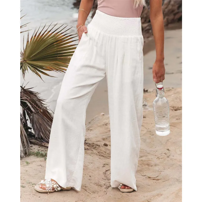 Women Casual Cotton Linen Long Pants with Pocket Wide Leg Loose Trousers