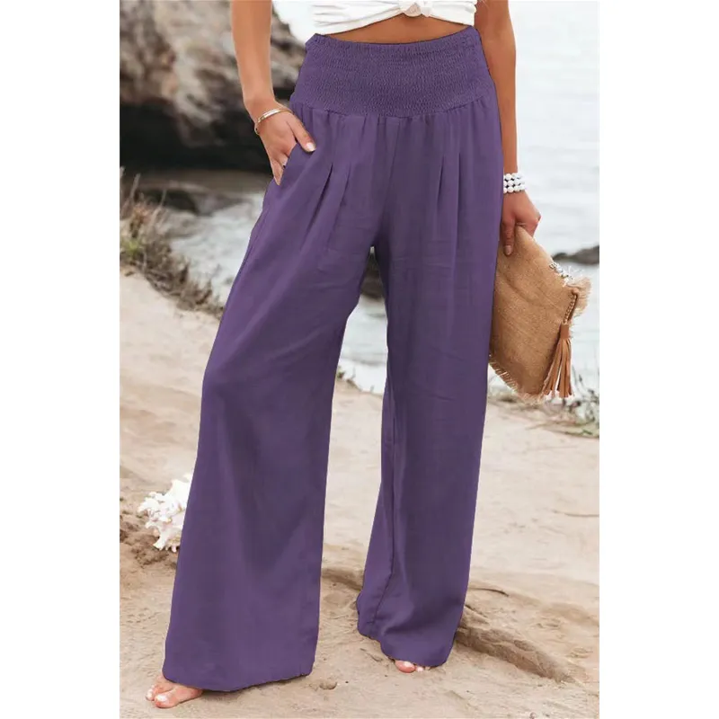 Women Casual Cotton Linen Long Pants with Pocket Wide Leg Loose Trousers