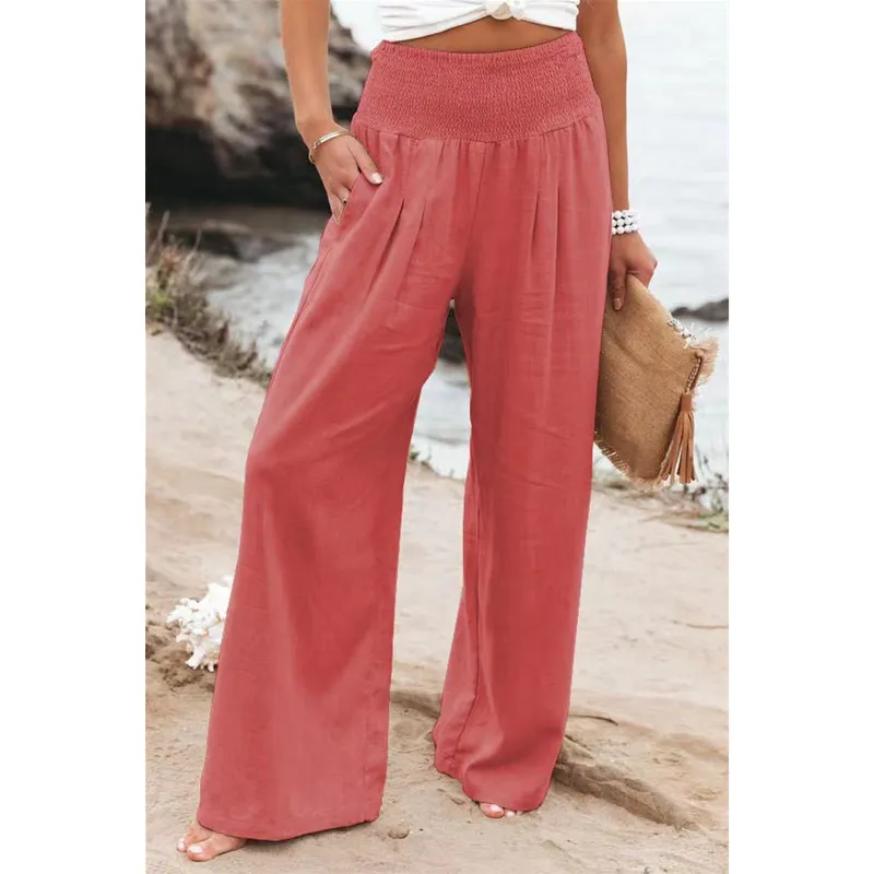 Women Casual Cotton Linen Long Pants with Pocket Wide Leg Loose Trousers