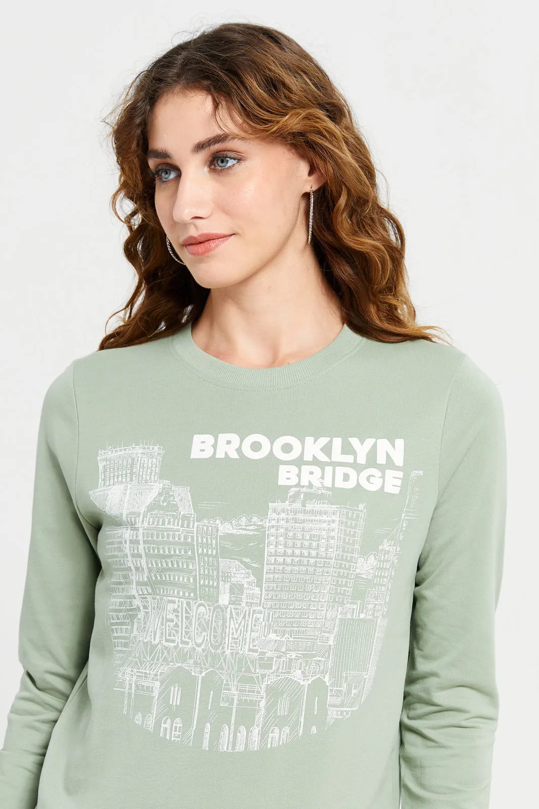 Women Green Brooklyn Bridge Sweatshirt