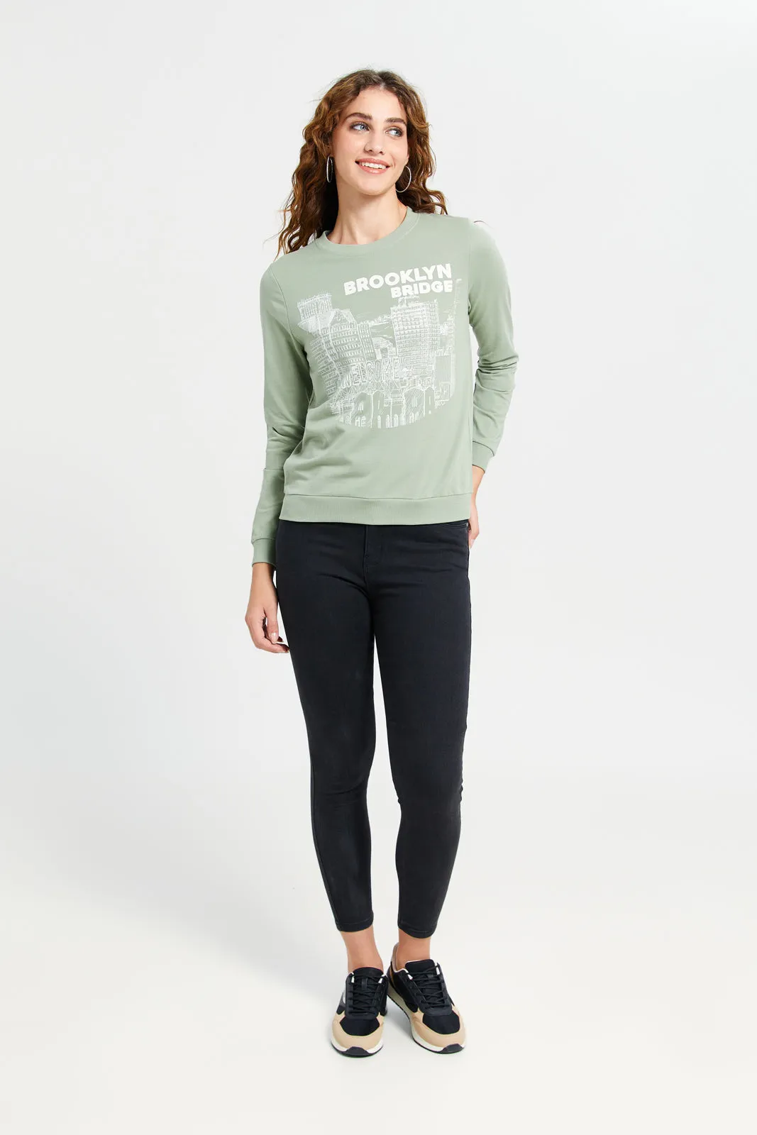 Women Green Brooklyn Bridge Sweatshirt