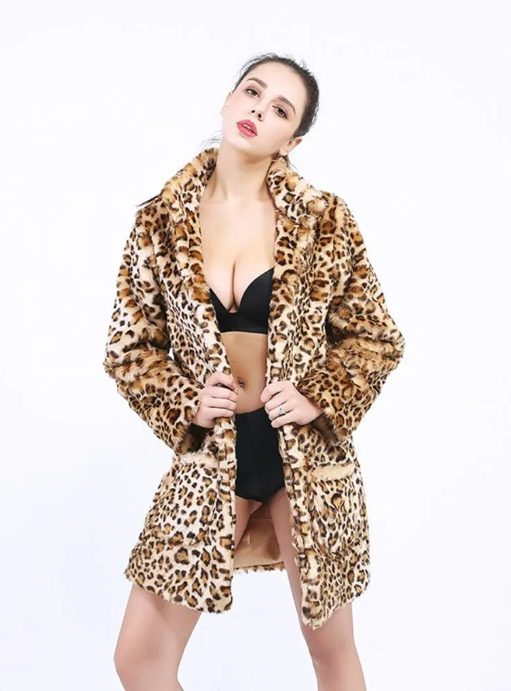 Women Long Sleeve Lapel Ladies Coat Leopard Print Coat