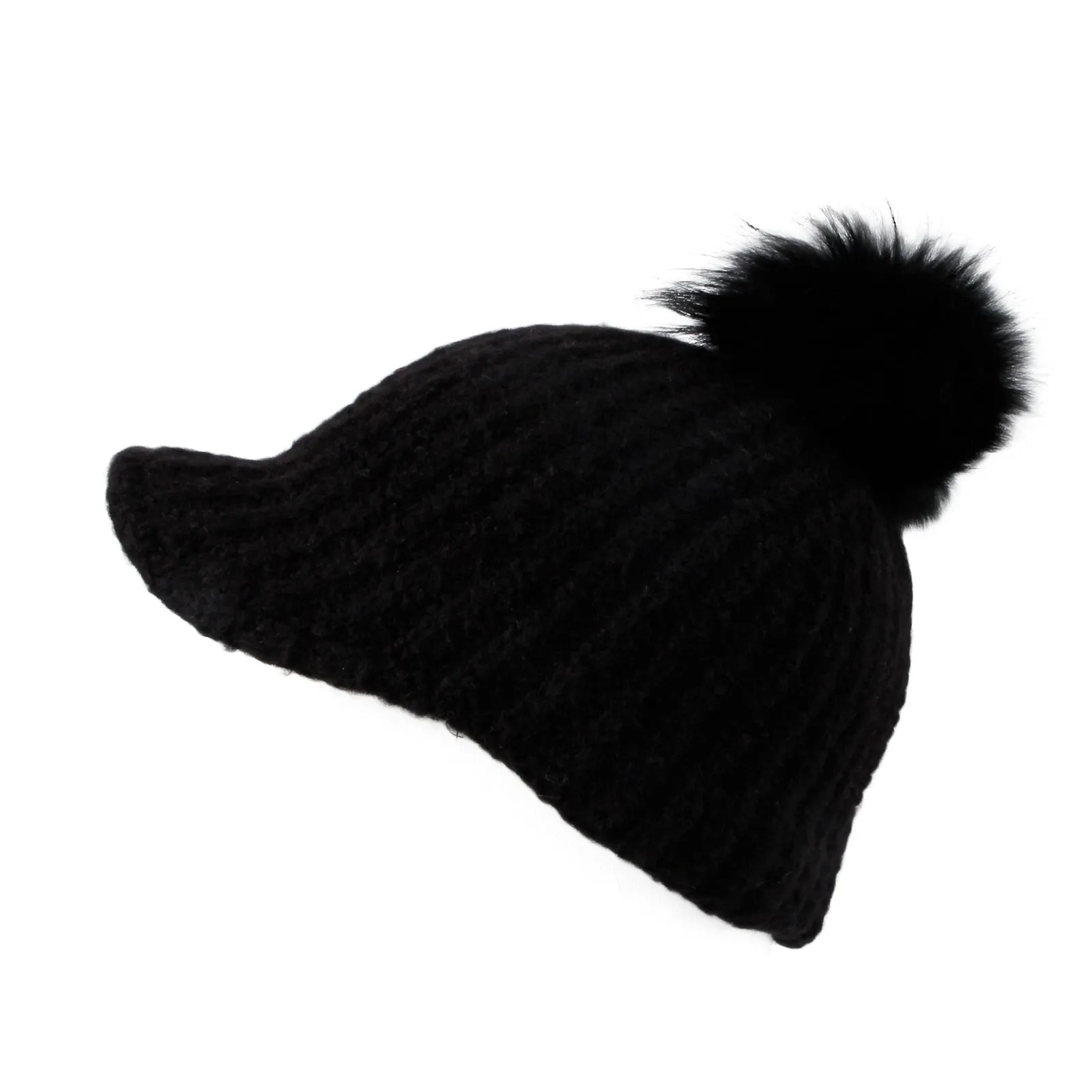 Women Ribbed Visor Knit Pom Beanie Hat Winter Warm Cap SLQ1252