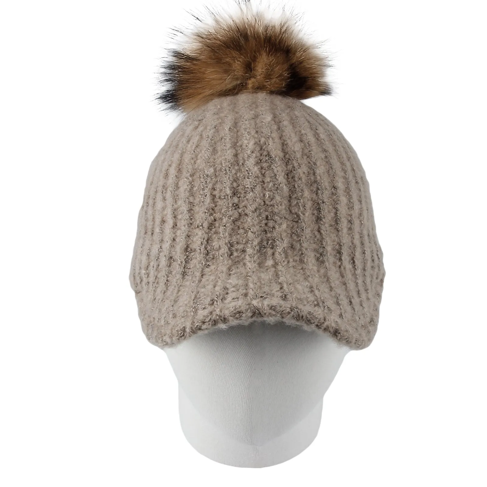 Women Ribbed Visor Knit Pom Beanie Hat Winter Warm Cap SLQ1252