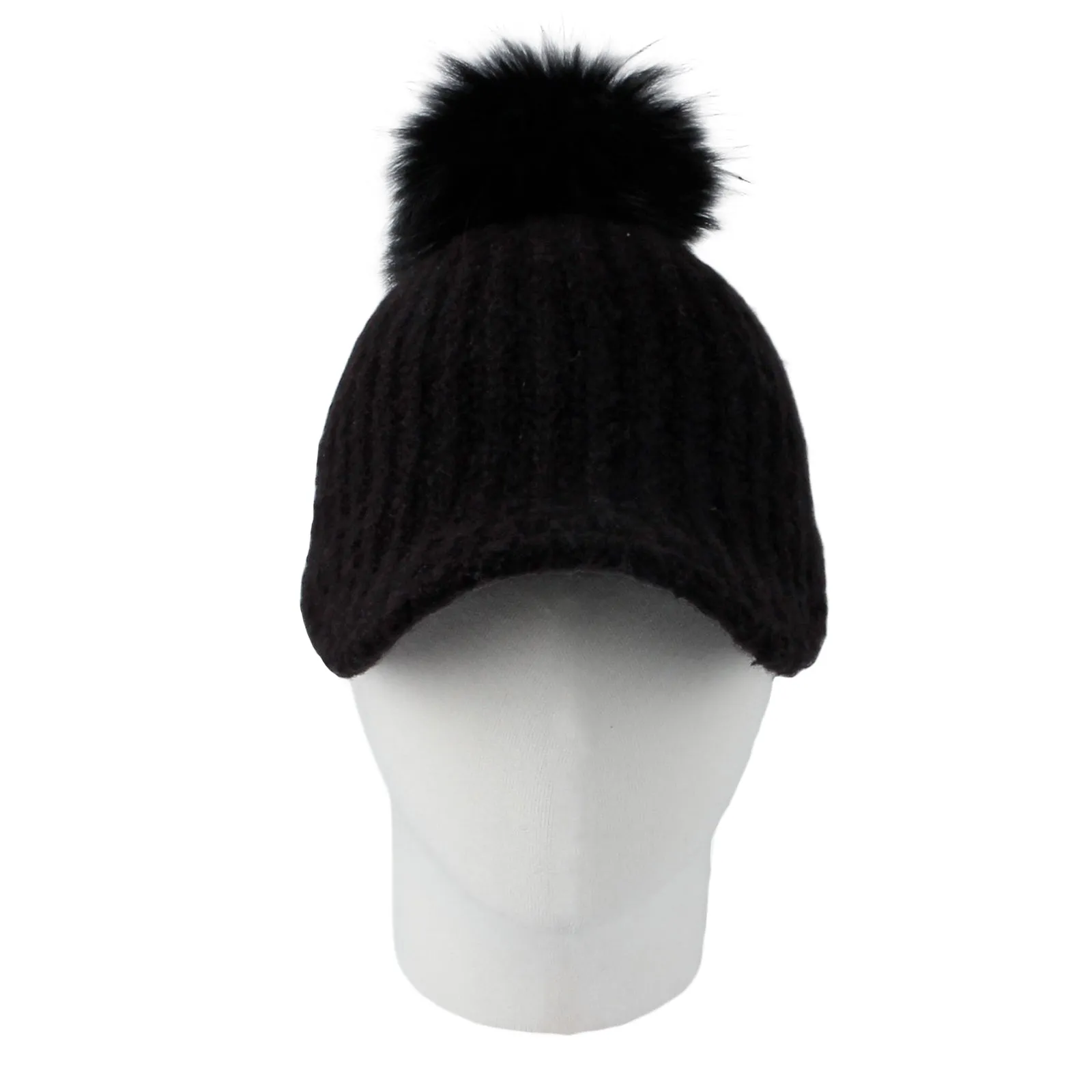 Women Ribbed Visor Knit Pom Beanie Hat Winter Warm Cap SLQ1252