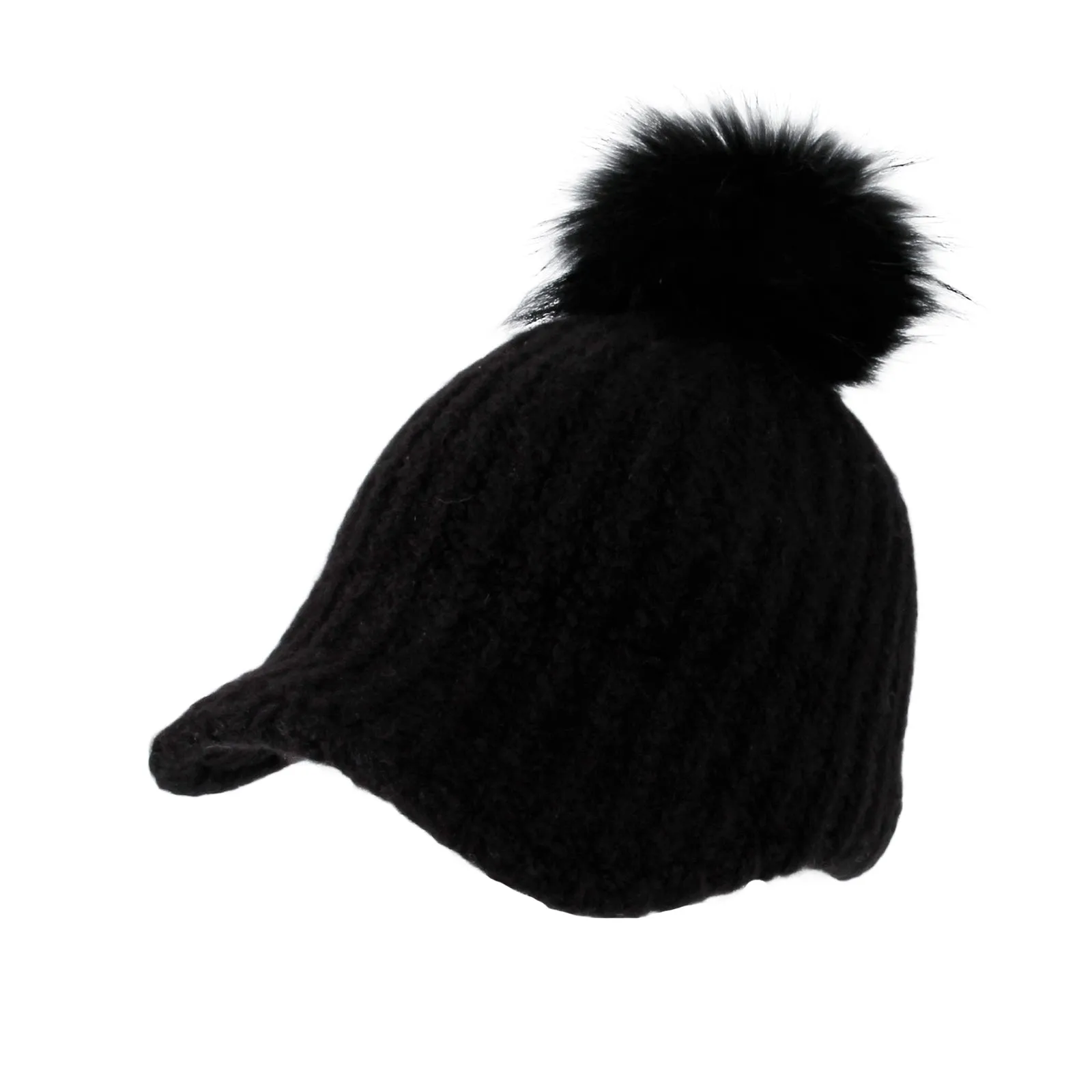 Women Ribbed Visor Knit Pom Beanie Hat Winter Warm Cap SLQ1252