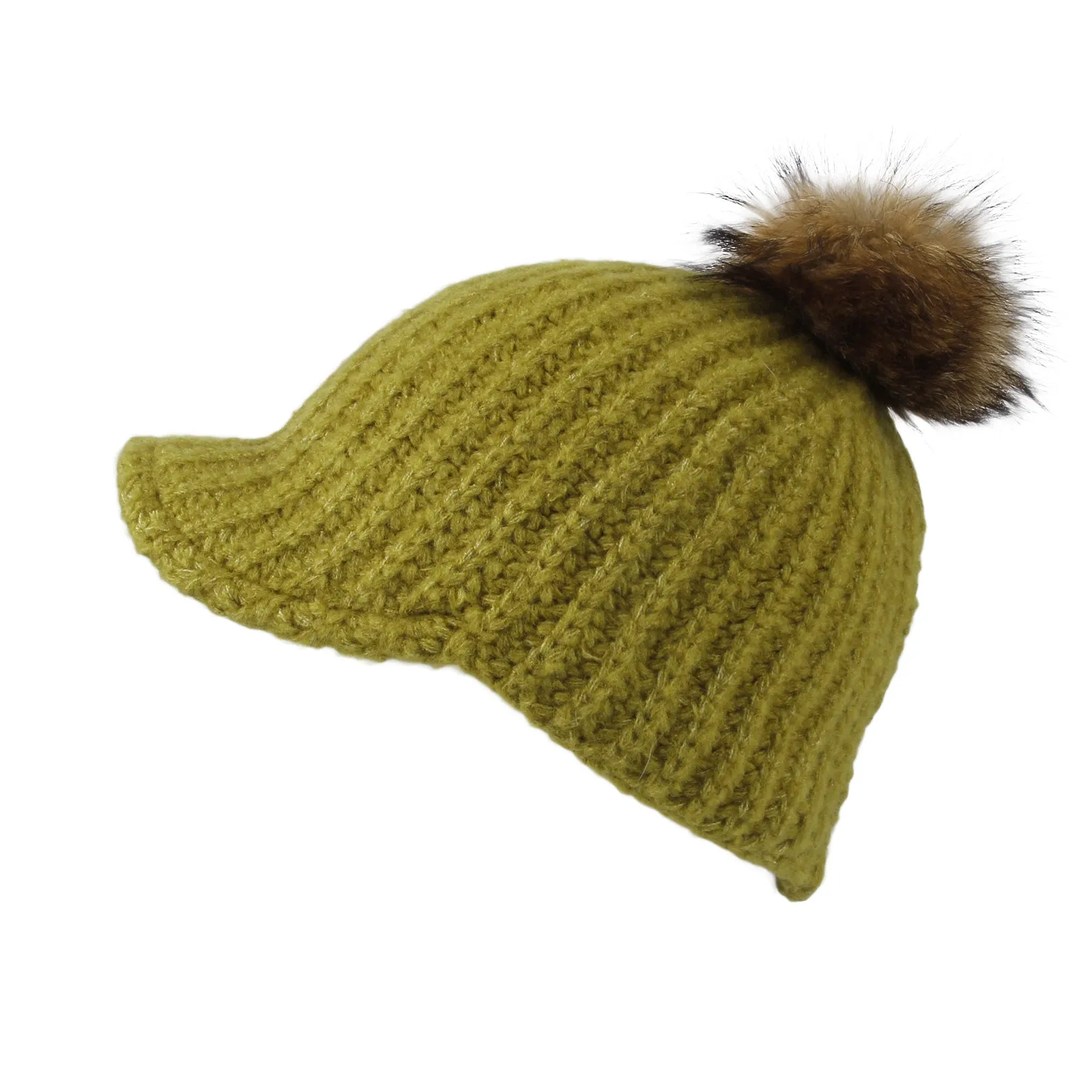 Women Ribbed Visor Knit Pom Beanie Hat Winter Warm Cap SLQ1252