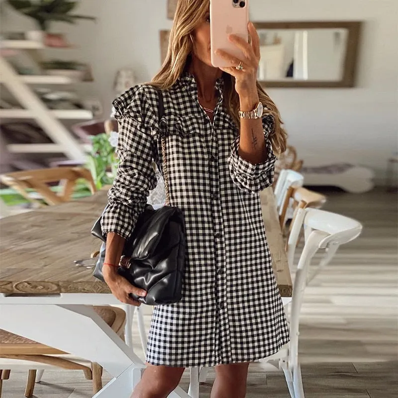 Women Ruffle Hound's Tooth Plaid Midi Long Sleeves Dress