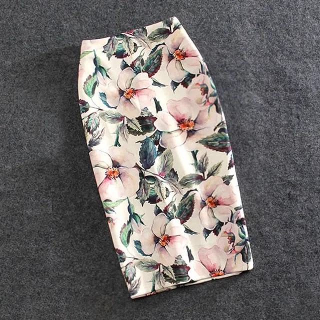 Women Skirts Summer Print Flowers Pencil Skirt Casual Skirts Knee-Length Plus Size Faldas Mujer Moda Jupe Femme