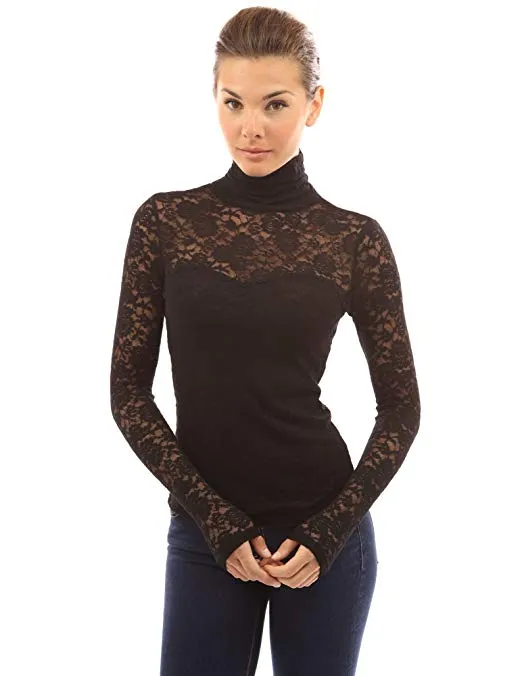 Women Turtleneck Sheer Lace Blouse