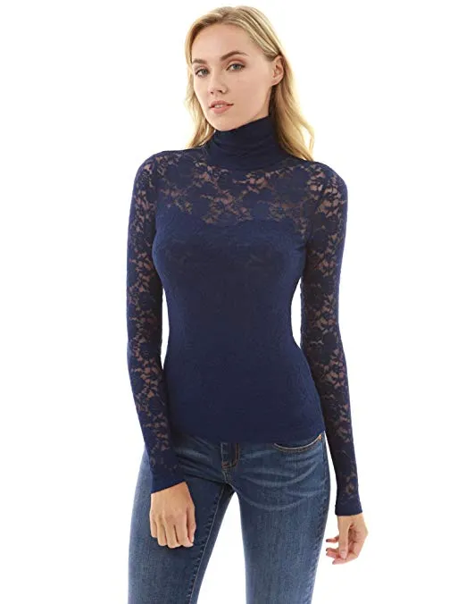 Women Turtleneck Sheer Lace Blouse