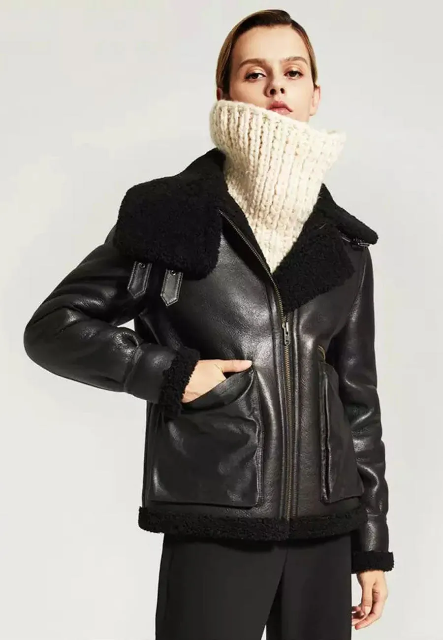 Women’s Black Leather Black Shearling Big Collared Jacket