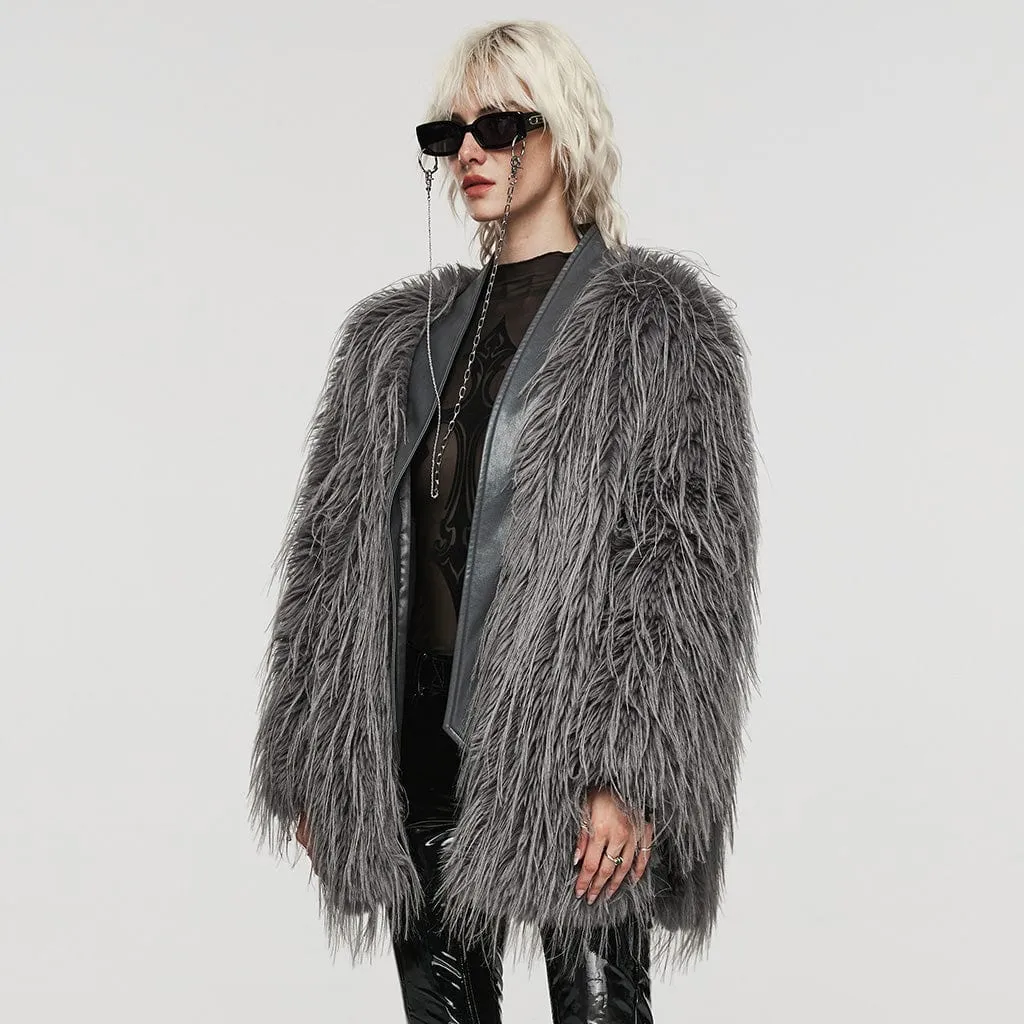 Women's Gothic Faux Fur Splice Faux Leather Coat Grey