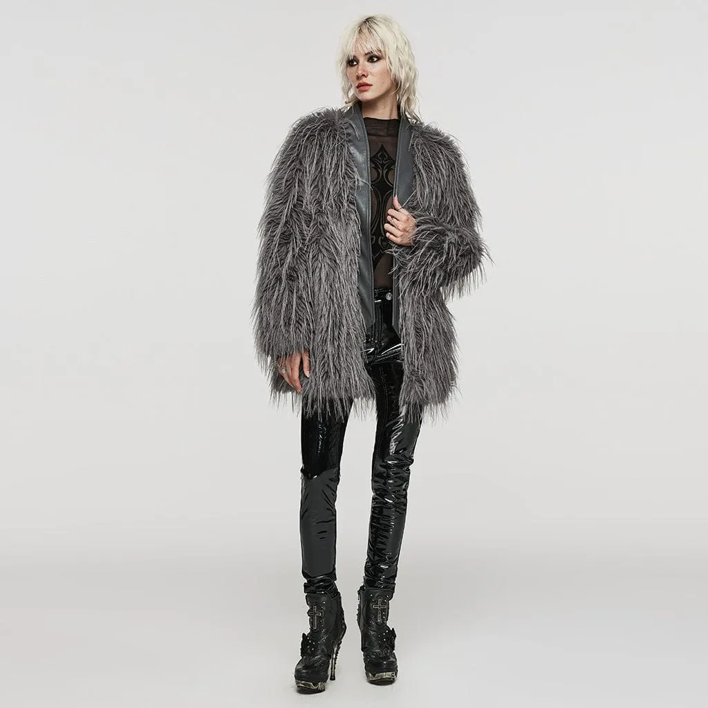 Women's Gothic Faux Fur Splice Faux Leather Coat Grey