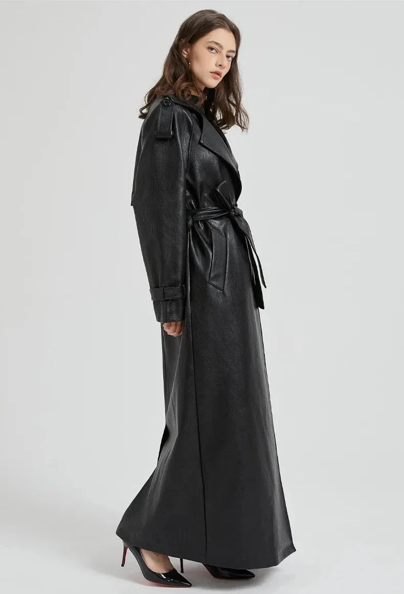 Women's Ultra Long Faux Leather Trench Coat