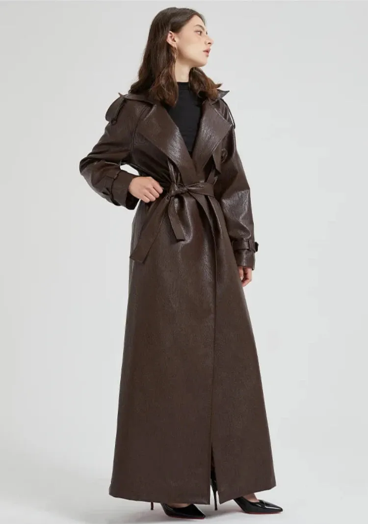 Women's Ultra Long Faux Leather Trench Coat