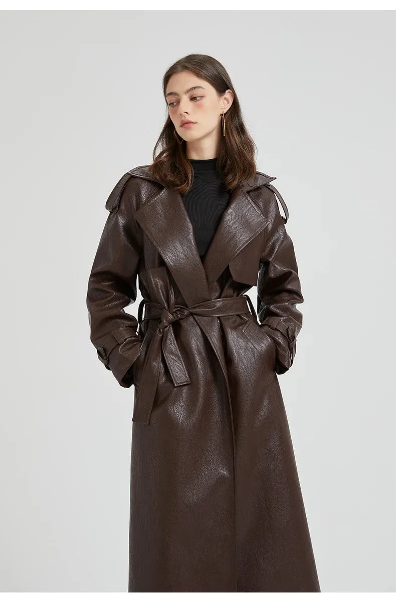 Women's Ultra Long Faux Leather Trench Coat