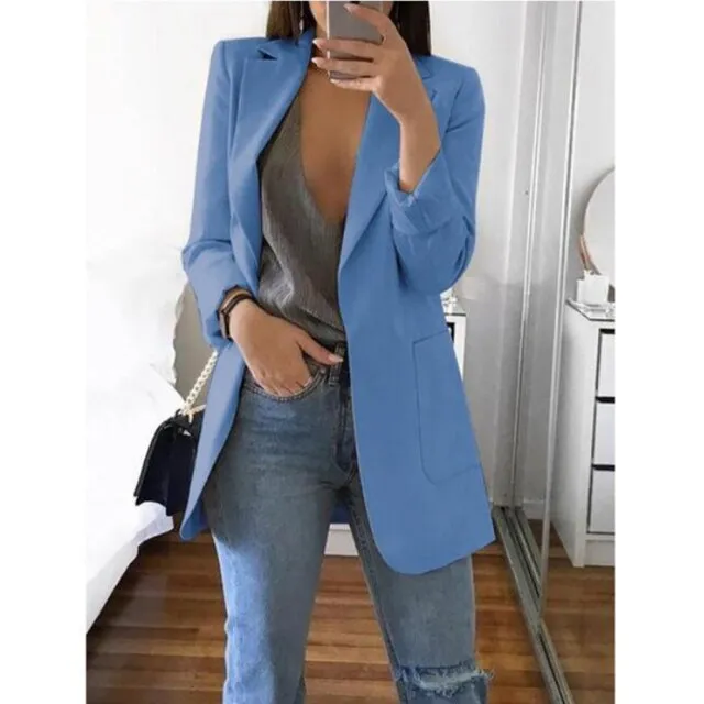 Yeknu Women Blazer Jackets Spring Autumn Casual Plus Size Fashion Basic Notched Slim Solid Coats Office Ladies Outwear Chic Loose Coat